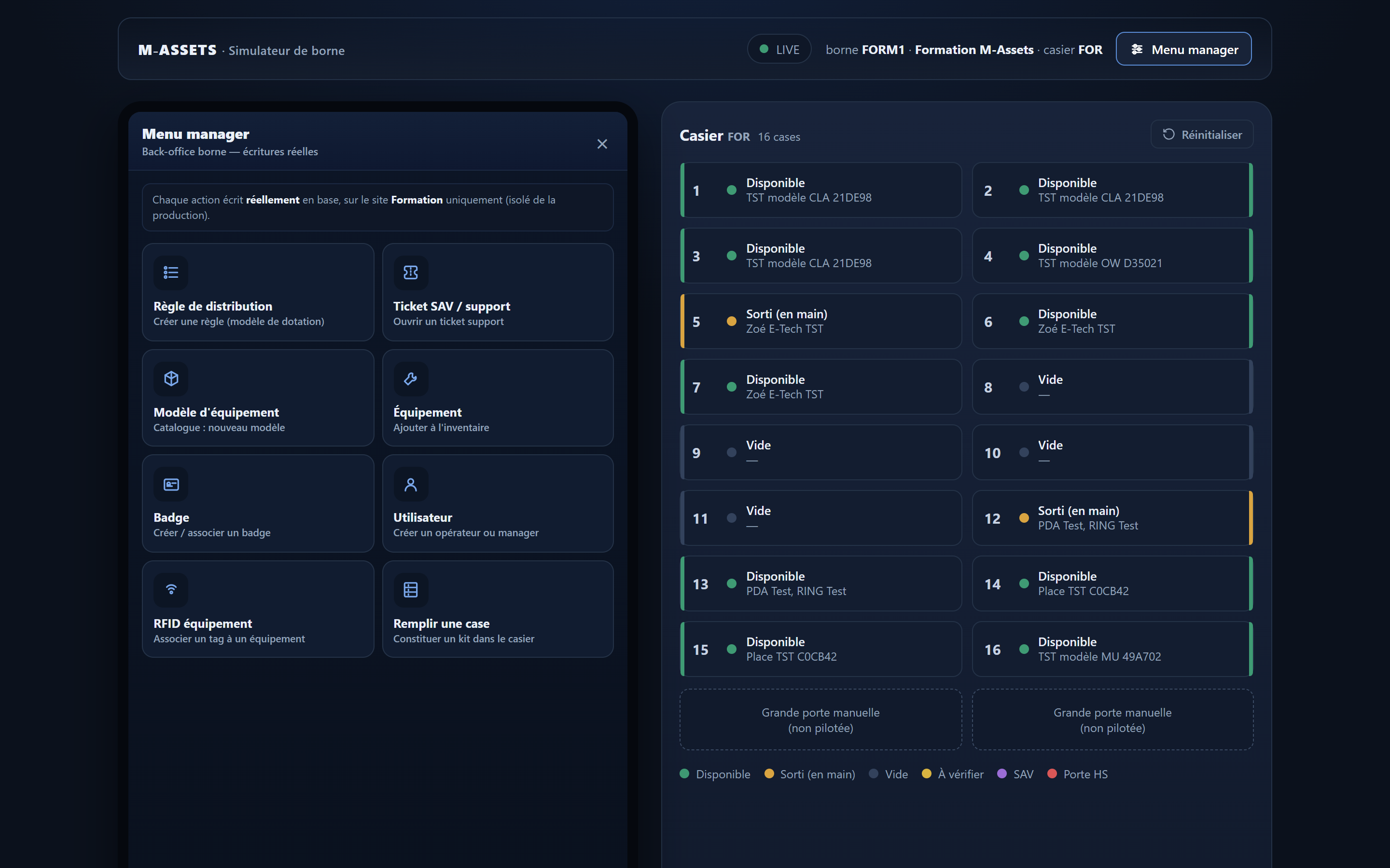 Le menu manager sur l'écran de la borne